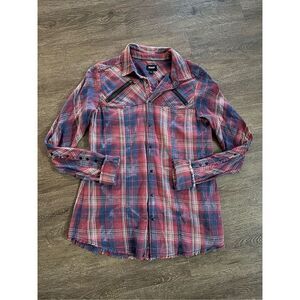 Hudson Women's Plaid Red Blue Long Sleeve Snap button Shirt Cotton Size Medium